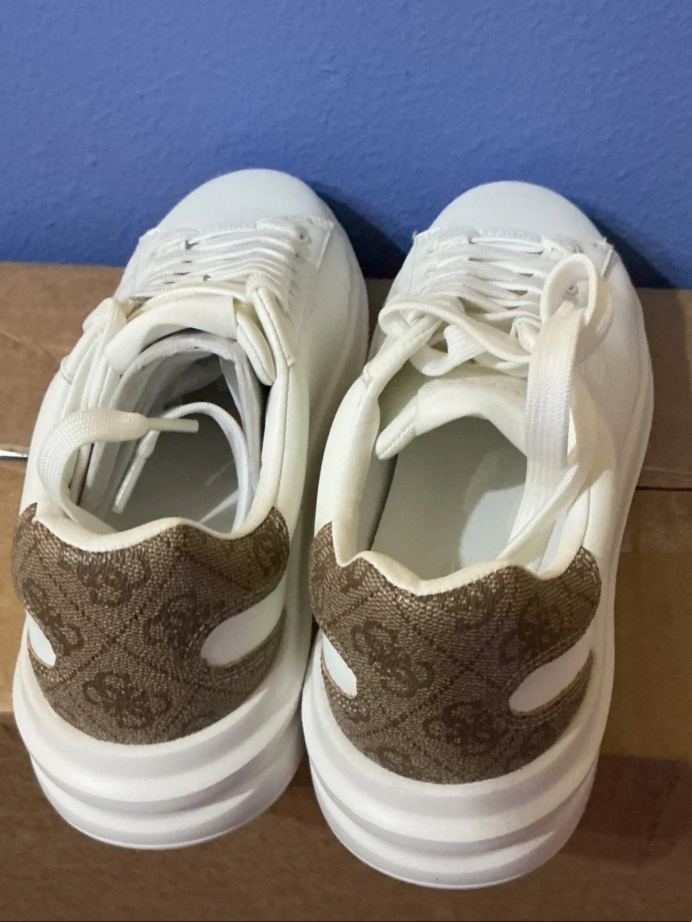 GUESS White Platform Sneakers with Brown Logo Heel 7.5 Nwb
